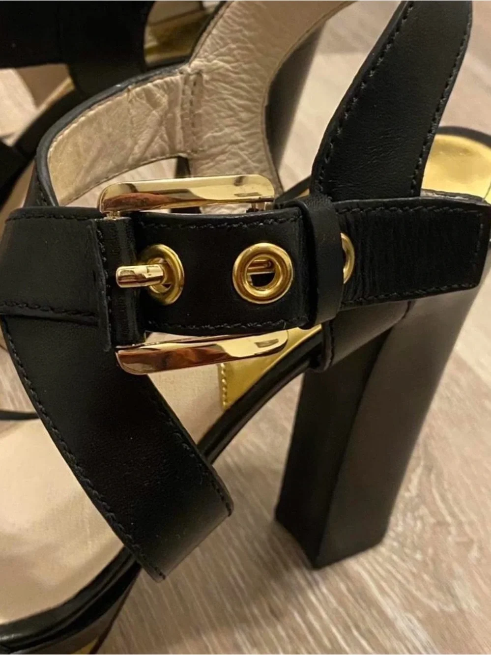 Michael Kors Black Leather Strappy Sandals with Gold Insole